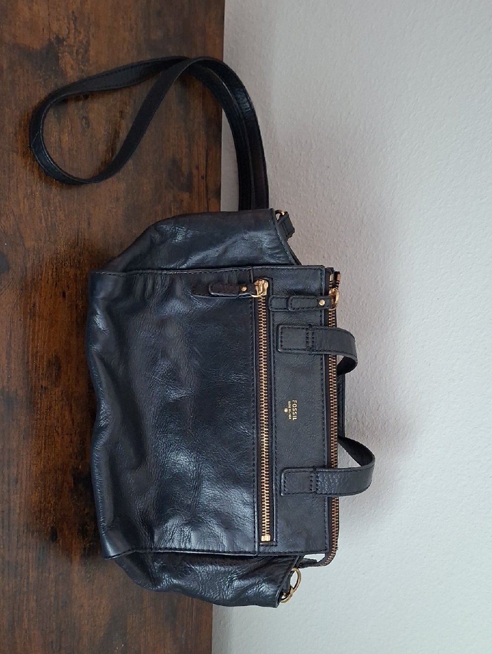Fossil Black Leather Crossbody Bag with Gold Hardware